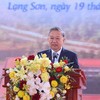 Tổng Bí thư Tô Lâm phát biểu chỉ đạo tại Lễ khởi công, động thổ đồng loạt các trường nội trú liên cấp vùng biên giai đoạn 2. Ảnh: VGP.
