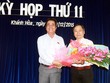 Ông Lê Thanh Quang, Bí thư Tỉnh ủy, Chủ tịch HĐND tỉnh Khánh Hòa (bên trái) chúc mừng ông Nguyễn Đắc Tài được bầu giữ chức Phó Chủ tịch UBND tỉnh Khánh Hòa. Ảnh Báo Khánh Hòa
