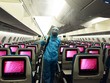 Phun khử trùng trên máy bay Vietnam Airlines ngày 24/3. Ảnh: Giang Huy. 