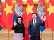 Chủ tịch Quốc hội Vương Đình Huệ đón và hội đàm với Chủ tịch Quốc hội Vương quốc Campuchia Samdech Khuon Sudary (Ảnh: Quochoi.vn)