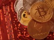 Các hình ảnh đại diện của tiền điện tử Bitcoin, Ethereum, DogeCoin, Ripple, Litecoin được đặt trên bo mạch chủ PC. Ảnh: Reuters