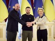 Tổng thống Ukraine Volodymyr Zelenskiy, Chủ tịch Ủy ban châu Âu Ursula von der Leyen và Chủ tịch Hội đồng châu Âu Charles Michel tại cuộc họp ở thủ đô Kiev ngày 3/2/2023. Ảnh: Reuters.