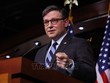 Chủ tịch Hạ viện Mỹ Mike Johnson phát biểu tại cuộc họp báo ở Washington, D.C. Ảnh: THX/TTXVN