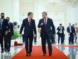 Thủ tướng Hun Manet đón Thủ tướng Lê Minh Hưng thăm chính thức Vương quốc Campuchia. (Ảnh: Dương Giang/TTXVN)