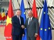 Chủ tịch Hội đồng Châu Âu Antonio Costa chủ trì lễ đón Tổng Bí thư, Chủ tịch nước Tô Lâm. (Ảnh: Thống Nhất/TTXVN)