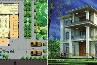 Bản vẽ biệt thự có mặt bằng vuông và phối cảnh biệt thự khuyết 1/4 mái