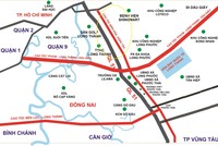 Bình đồ tuyến cao tốc Biên Hòa - Vũng Tàu trong mối tương quan với hệ thống giao thông trong khu vực Đông Nam Bộ.