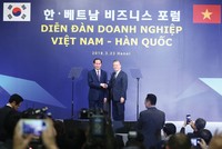 Việt Nam - Hàn Quốc hướng đến mục tiêu nâng kim ngạch thương mại song phương lên 100 tỷ USD vào năm 2020. Trong ảnh: Chủ tịch nước Trần Đại Quang và Tổng thống Hàn Quốc chủ trì Diễn đàn doanh nghiệp Việt - Hàn tại Hà Nội