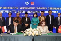 Chủ tịch HĐQT TTC AgriS - Bà Đặng Huỳnh Ức My và Tổng giám đốc Tập đoàn Sungai Budi - Ông Oey Alfred thực hiện ký kết triển khai các thỏa thuận hợp tác theo Biên bản ghi nhớ hợp tác (MOU) đã ký trước đó vào tháng 03/2025 tại Jakarta, Indonesia.