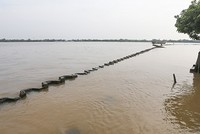 Dự án lấn sông đã hoàn thành hạng mục kè đá. Ảnh: Quỳnh Trần.