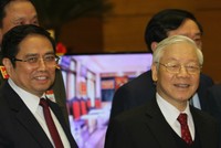 Trưởng ban Tổ chức Trung ương Phạm Minh Chính và Tổng Bí thư Nguyễn Phú Trọng tại Hội nghị toàn quốc về công tác tổ chức xây dựng Đảng ngày 19/1. Ảnh: V.V.T