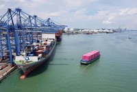 Vận chuyển container bằng sà lan cho các tàu mẹ tại Tân Cảng - Cái Mép.