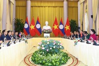 Phó Chủ tịch nước Võ Thị Ánh Xuân hội đàm với ông Bounthong Chitmany, Uỷ viên Bộ Chính trị, Thường trực Ban Bí thư Trung ương Đảng Nhân dân cách mạng Lào (Ảnh: VPCTN)