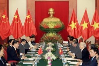 Tổng Bí thư Nguyễn Phú Trọng hội đàm với Tổng Bí thư, Chủ tịch nước Trung Quốc Tập Cận Bình trong chuyến thăm Việt Nam của ông Tập Cận Bình, tháng 11/2015. (Ảnh: Vietnam+)