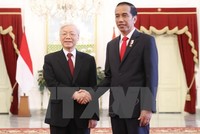Tổng thống Indonesia Joko Widodo đón Tổng Bí thư Nguyễn Phú Trọng (Ảnh: Trí Dũng/TTXVN)