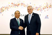 Thủ tướng Nguyễn Xuân Phúc gặp Thủ tướng Australia Scott Morrison nhân chuyến tham dự Hội nghị cấp cao G20 tại Nhật Bản vào tháng 6/2019 (Ảnh: TTXVN)