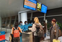 Các hành khách làm thủ tục để lên chuyến bay về Đức vào sáng 8/4.