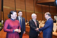 Tổng bí thư, Chủ tịch nước Nguyễn Phú Trọng, Chủ tịch Quốc hội Nguyễn Thị Kim Ngân, Thủ tướng Nguyễn Xuân Phúc trong giờ giải lao khai mạc kỳ hop thứ 9 của Quốc hội (Ảnh QK).