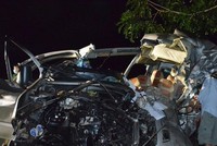 Hiện trường vụ TNGT xảy ra vào lúc 1 giờ 00 phút ngày 21/7 tại Km1767 trên tuyến Quốc lộ 1A, thuộc địa phận xã Tân Đức, huyện Hàm Tân, tỉnh Bình Thuận.