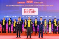 Ông Fabien Sanchez – Giám đốc Bộ phận Rủi ro và Thu hồi nợ, đại diện Home Credit Việt Nam nhận giải thưởng từ đại diện Ban tổ chức Rồng Vàng 2021.