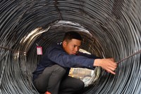 Ngày 16-3, giá thép cuộn bán ra 11,8 triệu đồng/tấn vào đầu giờ sáng, lên 12 triệu đồng/tấn vào buổi trưa và lên 12,5 triệu đồng/tấn vào đầu giờ chiều. Trong ảnh: nhân viên một cửa hàng thép ở TP.HCM treo nhãn hàng phân loại thép cuộn - Ảnh: Ảnh: H.Khoa