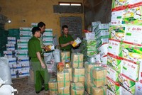 Lực lượng chức năng tiến hành kiểm tra số sản phẩm sai phạm. (Ảnh: Doãn Tấn/TTXVN)