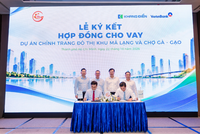 Đại diện các bên thực hiện nghi thức ký kết hợp đồng cho vay dự án chỉnh trang đô thị Khu Mả Lạng và Chợ Gà – Gạo.