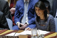 Đại sứ Mỹ tại Liên Hợp Quốc Nikki Haley phát biểu sau cuộc bỏ phiếu tại Hội đồng Bảo an. Ảnh: AFP.