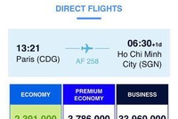 Giá khứ hồi cho một chuyến bay thẳng Paris - Tp. HCM của Air France hiển thị trên ứng dụng đặt vé trên điện thoại của hãng vào ngày 14/2. Ảnh chụp màn hình.