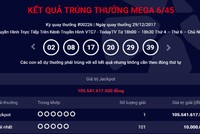 Dãy số trúng thưởng giải Jackpot Mega 6/45 ngày 29/12/2017 trị giá hơn 105,5 tỷ đồng. Ảnh chụp màn hình 