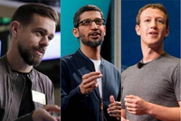 CEO Dorsey của Twitter (bên trái) và Pichai của Google (ở giữa) có thể phải điều trần trước Quốc hội Mỹ sau Zuckerberg (bên phải).