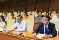 Ông Võ Trọng Việt (bìa phải), Chủ nhiệm Uỷ ban Quốc phòng An ninh, cơ quan thẩm tra dự án Luật An ninh mạng cùng các đại biểu tại phiên làm việc của Quốc hội sáng 12/6. Ảnh: Vnexpress