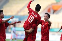 Cầu thủ Olympic Việt Nam ăn mừng bàn thắng ở trận ra quân ASIAD 2018. Ảnh: Đức Đồng.