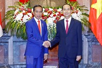 Chủ tịch nước Trần Đại Quang và Tổng thống Indonesia Joko Widodo tại lễ đón (Ảnh: Nhan Sáng/TTXVN)