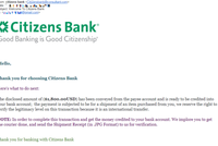 Email mạo danh Citizens Bank yêu cầu chị Mỹ gửi hóa đơn chứng minh đã chuyển hàng để nhận tiền.