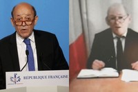 Bộ trưởng Pháp (trái) và kẻ mạo danh đeo mặt nạ qua cuộc gọi video. Ảnh: Getty.