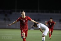 Hoàng Đức ghi bàn quyết định giúp U22 Việt Nam đánh bại U22 Indonesia. (Ảnh: Hoàng Linh/TTXVN)