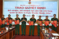 Trung tướng Trần Hoài Trung trao quyết định cho các cán bộ.