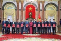 Phó Chủ tịch nước Đặng Thị Ngọc Thịnh chúc mừng 12 vị tân đại sứ vinh dự được Đảng, nhà nước, nhân dân tin tưởng giao phó trọng trách.- Ảnh: TTXVN.