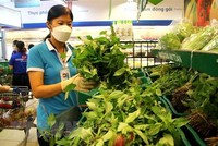 Tình nguyện viên tăng cường đi chợ giúp người dân mua hàng hóa, thực phẩm trong những ngày thực hiện giãn cách xã hội. (Ảnh: Thanh Vũ/TTXVN).