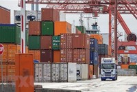Hoạt động bốc dỡ container hàng hóa tại cảng ở Dublin, Ireland. (Ảnh: AFP/TTXVN).