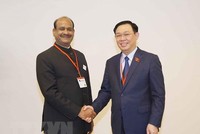 Chủ tịch Quốc hội Vương Đình Huệ hội kiến Chủ tịch Hạ viện Ấn Độ Om Birla nhân chuyến thăm Ấn Độ. (Ảnh: Doãn Tấn/TTXVN)