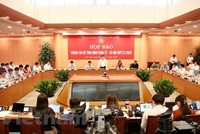 Ủy ban Nhân dân thành phố Hà Nội họp báo thông tin về tình hình kinh tế-xã hội quý 2. (Ảnh: Xuân Quảng/Vietnam+).