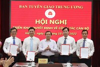 Thay mặt lãnh đạo Ban Tuyên giáo Trung ương, đồng chí Lại Xuân Môn, Uỷ viên Trung ương Đảng, Bí thư Đảng ủy cơ quan, Phó Trưởng ban Thuờng trực Ban Tuyên giáo Trung ương đã trao quyết định bổ nhiệm đối với đồng chí Tống Văn Thanh, Hoàng Thanh Hải, Lê Đức Cảnh; bổ nhiệm lại đối với đồng chí Lê Huy Nam. (Ảnh: TA)