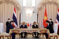 Đại diện Vietcombank, ông Nguyễn Thanh Tùng, Phó Tổng Giám đốc phụ trách Ban Điều hành (bên trái) và đại diện Eximbank Thái Lan, Ts. Rak Vorrakitpokatorn, Tổng Giám đốc (bên phải) ký kết thỏa thuận hợp tác trước sự chứng kiến của Chủ tịch nước Cộng hòa XHCN Việt Nam Nguyễn Xuân Phúc và Thủ tướng Thái Lan Prayuth Chan-ocha. Ảnh: TTXVN