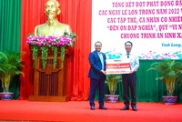 Ông Nguyễn Đăng Thanh – Phó Tổng giám đốc HDBank (trái) trao tặng kinh phí trao tặng kinh phí xây dựng 100 căn nhà đại đoàn kết. Ông Lữ Quang Ngời - Chủ tịch UBND tỉnh Vĩnh Long đại diện nhận.