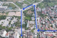 Phương án dự kiến tổ chức nút giao Sa Đôi-Đại Mỗ: ôtô rẽ phải vào ngõ 169 Đại Mỗ, qua dự án thi công đường 70 kéo dài sau đó đi thẳng qua nút giao về hướng Đại lộ Thăng Long. (Ảnh: Báo Kinh tế & Đô thị)