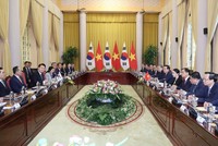 Chủ tịch nước Võ Văn Thưởng hội đàm với Tổng thống Hàn Quốc Yoon Suk Yeol. 