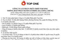 TOP ONE thông báo phát hành cổ phiếu ra công chúng