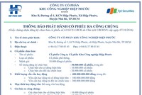 Công ty cổ phần Khu Công nghiệp Hiệp Phước thông báo phát hành cổ phiếu ra công chúng